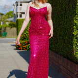 Hot pink beaded daisy sequin flowers dress with basque waist and open back
