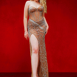 Dark nude strapless mermaid dress with crystal all over and corset top.