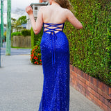 Royal blue beaded lace crescent moon neckline and a high slit dress