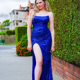 Royal blue beaded lace crescent moon neckline and a high slit dress