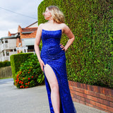 Royal blue beaded lace crescent moon neckline and a high slit dress