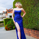 Royal blue beaded lace crescent moon neckline and a high slit dress