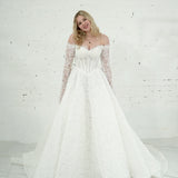 Ball gown with full-on lace and off-shoulder long sleeves