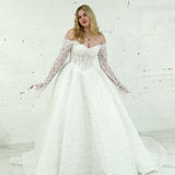 Ball gown with full-on lace and off-shoulder long sleeves