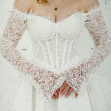 Ball gown with full-on lace and off-shoulder long sleeves