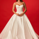 Pleated cup wavy neckline corset top with big princess skirt satin dress with big bow