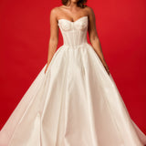 Pleated cup wavy neckline corset top with big princess skirt satin dress with big bow