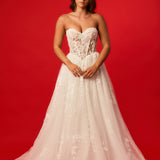 Sweetheart neckline with nude bodice and white lace wedding dress for hire.