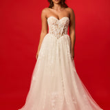 Sweetheart neckline with nude bodice and white lace wedding dress for hire.