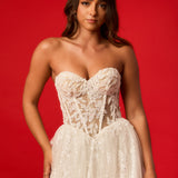 Sweetheart neckline with nude bodice and white lace wedding dress for hire.