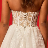 Sweetheart neckline with nude bodice and white lace wedding dress for hire.