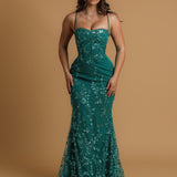 Green sequin lace straight neckline mermaid dress