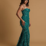 Green sequin lace straight neckline mermaid dress