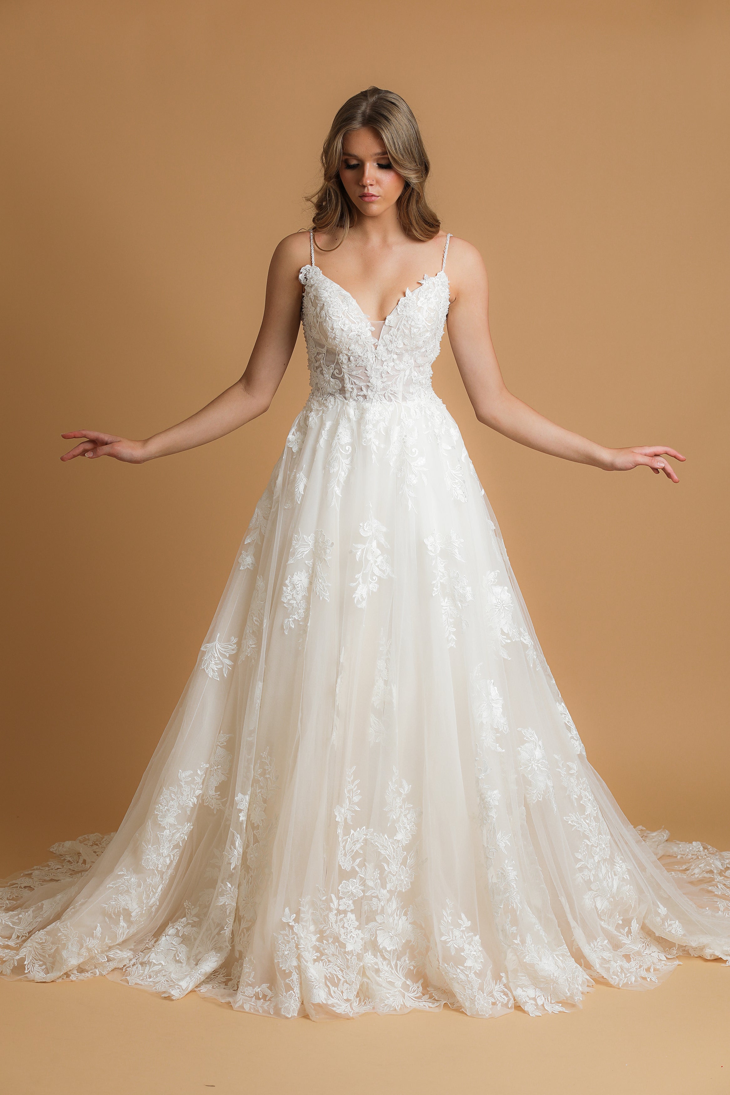 V neck floral Aline blush wedding dress – Destiny Chic