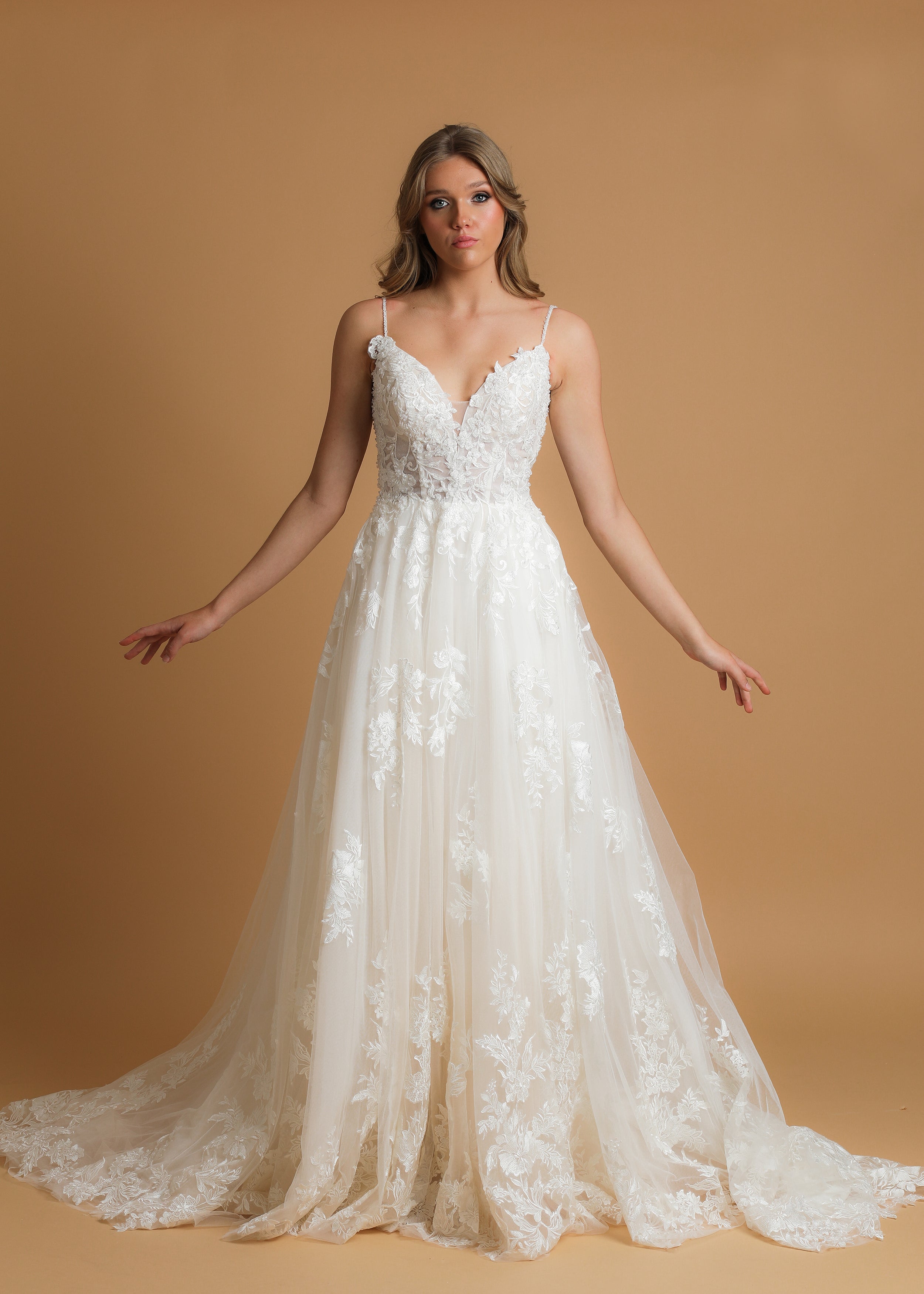 V neck floral Aline blush wedding dress – Destiny Chic