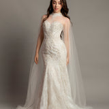 Sweet heart neckline with high halter neck cape mermaid wedding dress for hire