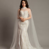 Sweet heart neckline with high halter neck cape mermaid wedding dress for hire