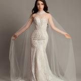 Sweet heart neckline with high halter neck cape mermaid wedding dress for hire