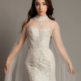 Sweet heart neckline with high halter neck cape mermaid wedding dress for hire
