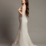 Sweet heart neckline with high halter neck cape mermaid wedding dress for hire