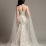 Sweet heart neckline with high halter neck cape mermaid wedding dress for hire