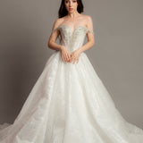 White glitter dress with silver rhinestone off the shoulder top