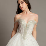 White glitter dress with silver rhinestone off the shoulder top