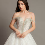 White glitter dress with silver rhinestone off the shoulder top
