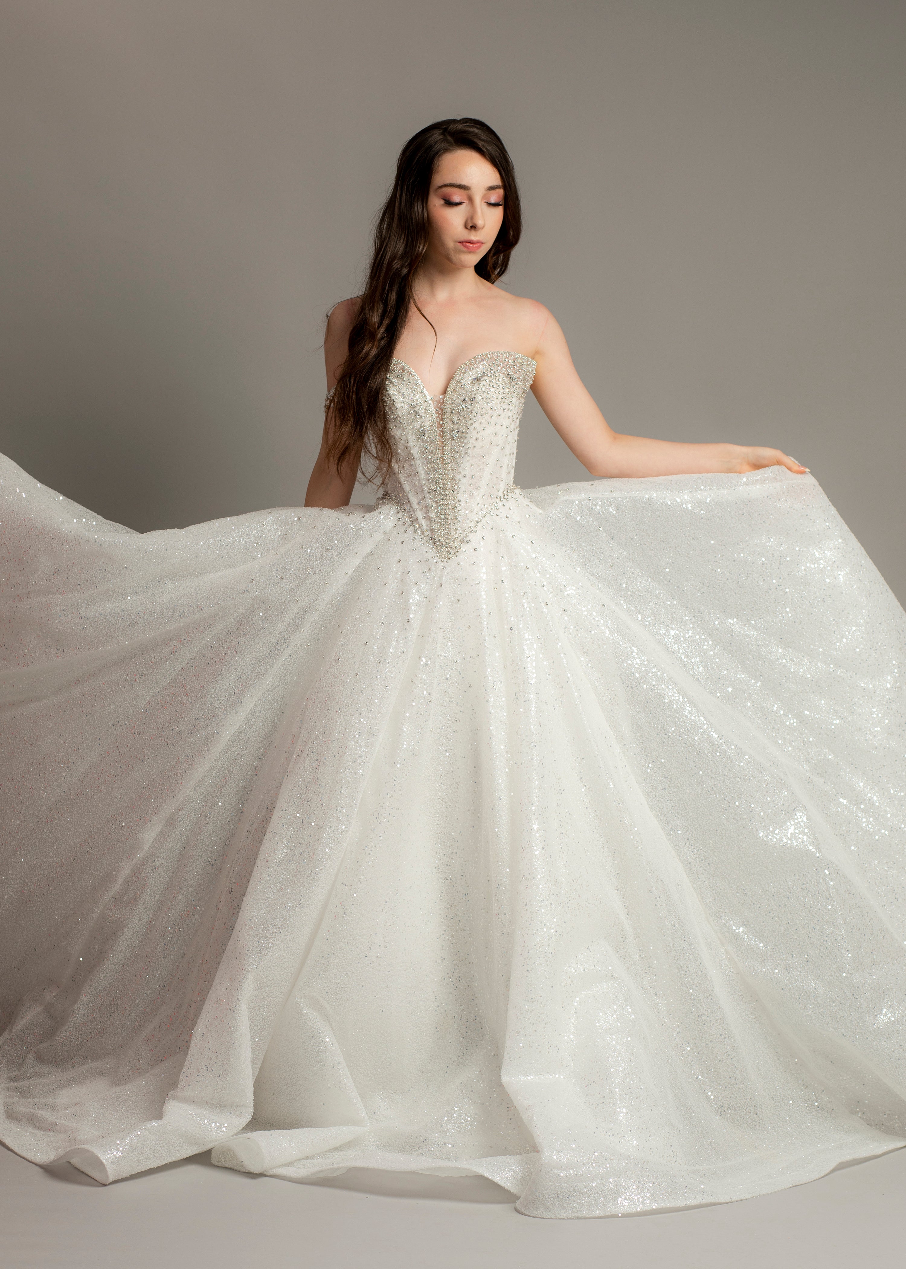 White glitter dress with silver rhinestone off the shoulder top