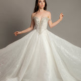 White glitter dress with silver rhinestone off the shoulder top
