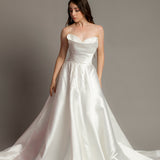 3D folded top Mikado taffeta wedding dress with beaded details and Aline skirt