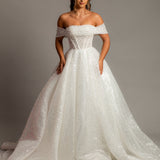 White sequins and beads all over the dress with off the shoulder sleeves for hire
