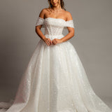 White sequins and beads all over the dress with off the shoulder sleeves for hire