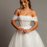 White sequins and beads all over the dress with off the shoulder sleeves for hire