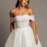 White sequins and beads all over the dress with off the shoulder sleeves for hire