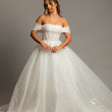 White sequins and beads all over the dress with off the shoulder sleeves for hire