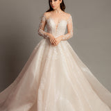 Blush pink long sleeves princess gown for hire