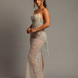 Nude sheer leg crystal chain dangling mermaid dress