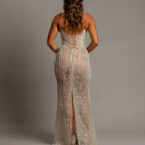 Nude sheer leg crystal chain dangling mermaid dress