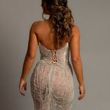 Nude sheer leg crystal chain dangling mermaid dress