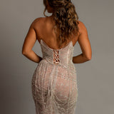 Nude sheer leg crystal chain dangling mermaid dress