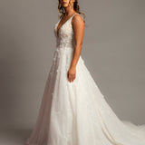 Sparkling white V neck wedding dress with open back