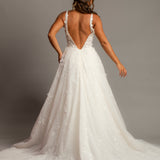 Sparkling white V neck wedding dress with open back