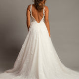 Sparkling white V neck wedding dress with open back