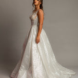 White/silver sequin all over skirt with sequin lace bodice for hire