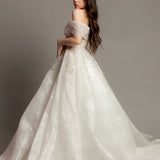 White deep v neckline with off the shoulder sleeves princess dress