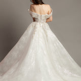 White deep v neckline with off the shoulder sleeves princess dress