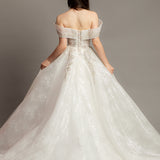 White deep v neckline with off the shoulder sleeves princess dress