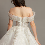 White deep v neckline with off the shoulder sleeves princess dress