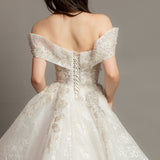 White deep v neckline with off the shoulder sleeves princess dress